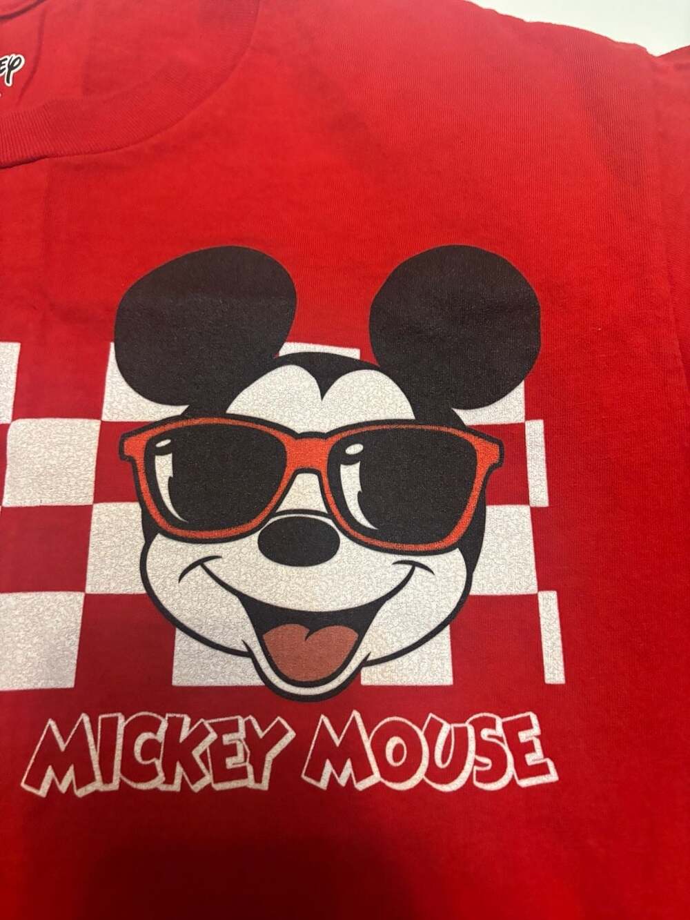Disney Mickey Mouse Sunglasses Checkerboard Graphic T-Shirt Red